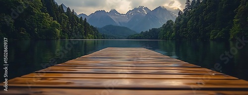 Wooden dock, lake, mountains, calm