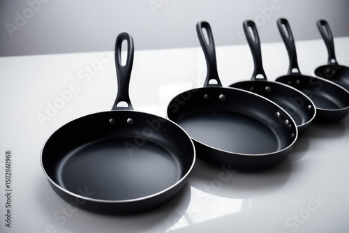 A collection of frying pans arranged neatly on a kitchen counter, perfect for a commercial or residential setting