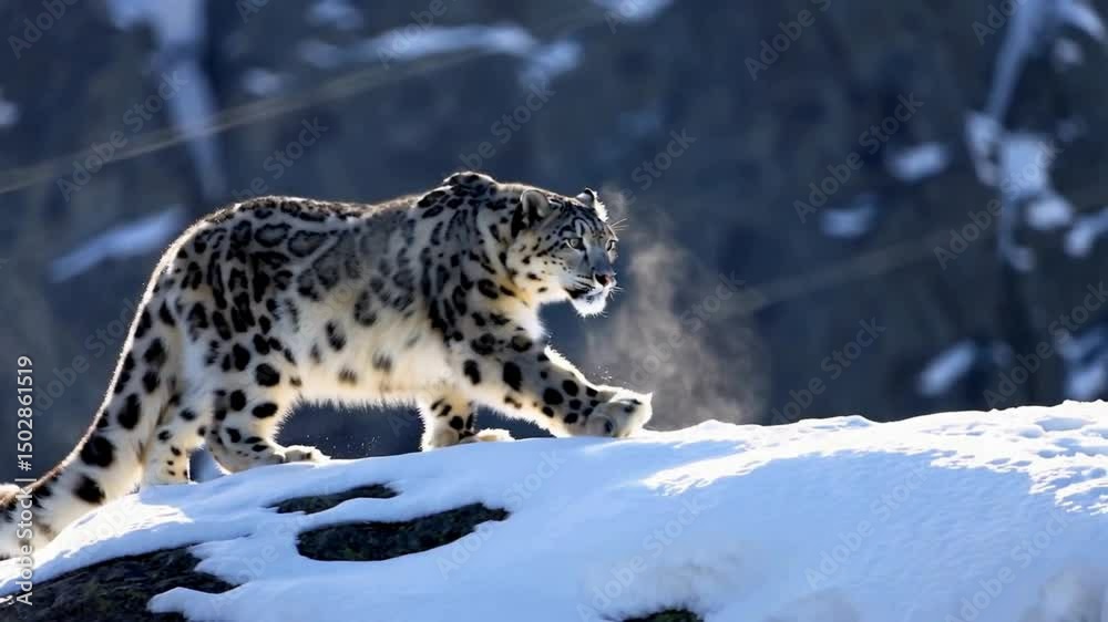 Majestic Snow Leopard gracefully traversing a snow-covered mountain peak in the pristine winter landscape