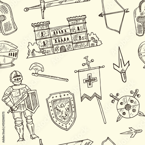 Medieval doodle seamless pattern Vector isolated objects