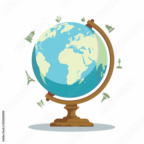 Detailed globe with famous landmarks, symbolizing global travel