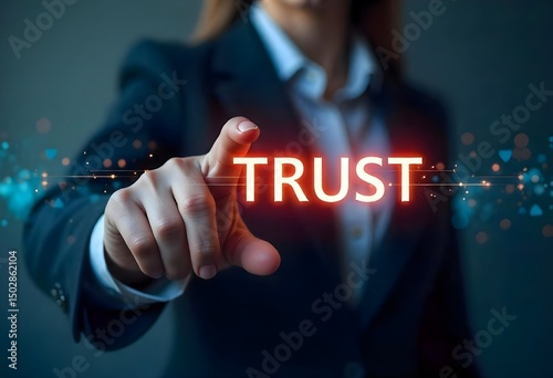 Woman in Business Attire Selecting 'TRUST' in a Digital Global Economy photo
