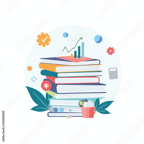 Colorful stack of financial reports with graphs, organized structure