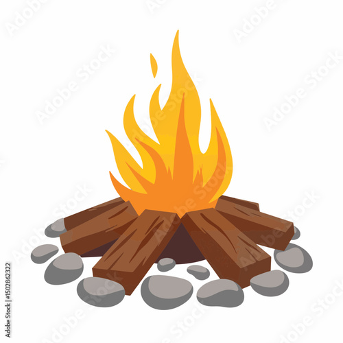 Stylized bonfire with geometric flames on white background, warmth concept