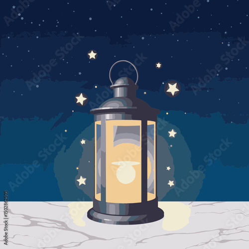 Modern lantern glowing under starry night sky, ambiance of celebration