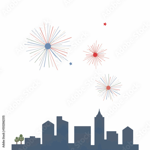 Vibrant fireworks illuminating city skyline at night, celebration spirit
