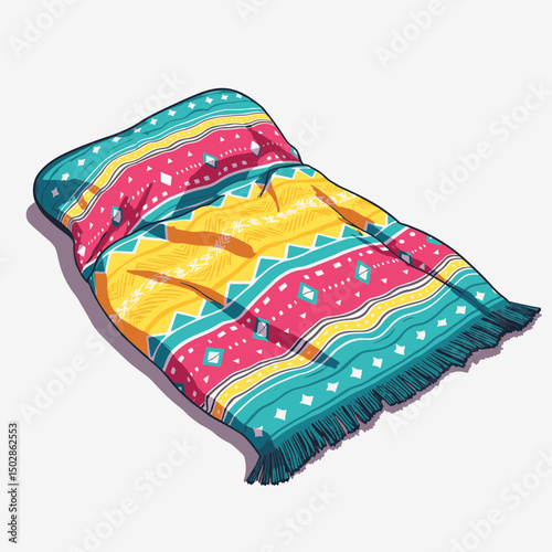 Vibrant geometric festival blanket on white background, cozy comfort