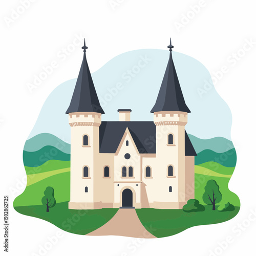 Iconic historic castle illustration amid lush green hills, fantasy theme