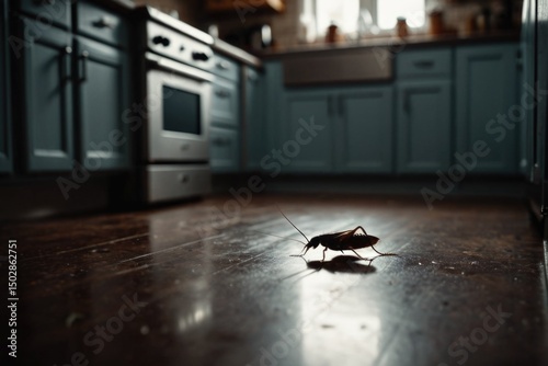 A dead cockroach found on the floor of a modern kitchen, with a clean and tidy background