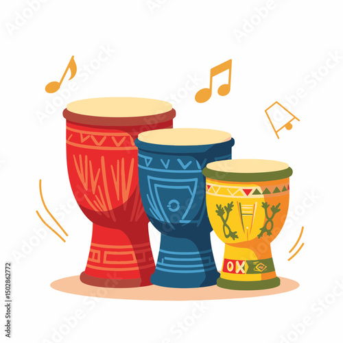 Vibrant drums creating rhythm in a colorful arrangement, musical energy