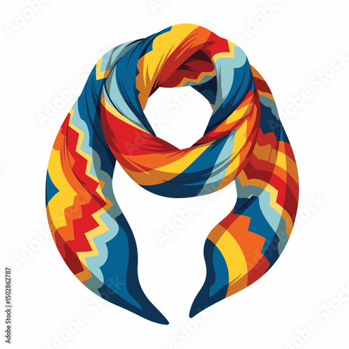 Colorful zigzag scarf draped elegantly on white background, fashion design