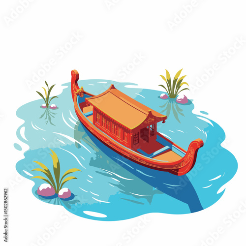 Colorful traditional festival boat floating on clear water, prosperity