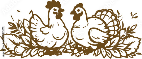 Brown vector illustration of two chickens facing each other, surrounded by leaves and foliage, representing farm life, rural themes, poultry, agriculture, and organic food production