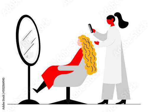 A hair salon scene against a white background