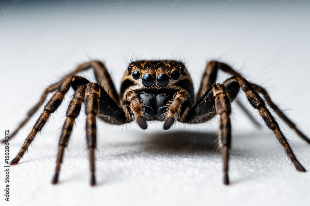 Fototapeta premium A spider's face in close-up, sitting on a white surface