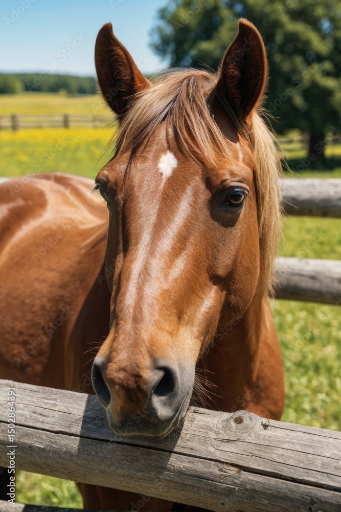 Fototapeta premium A brown horse stands next to a wooden fence in a natural setting