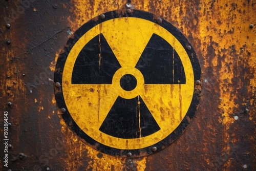 A yellow and black radioactive symbol on a rusty metal background, warning of potential hazards