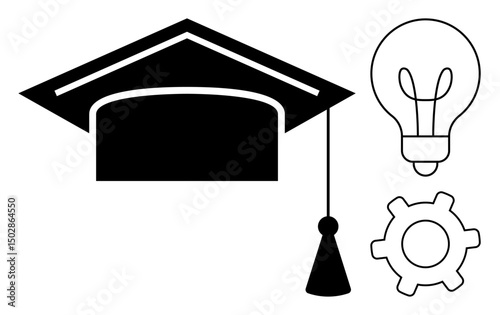 Graduation cap, light bulb, and gear linking knowledge, creativity, and teamwork. Ideal for education, innovation, training, problem-solving business career growth flat simple metaphor