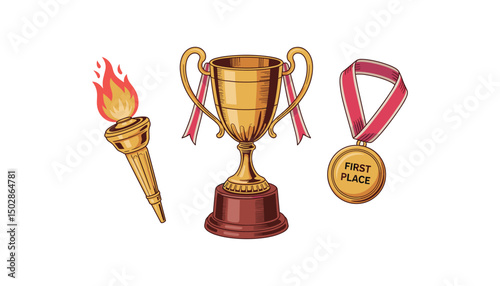 medal , Trophy Cup , and torch vector set design Trendy collage elements isolated on white background