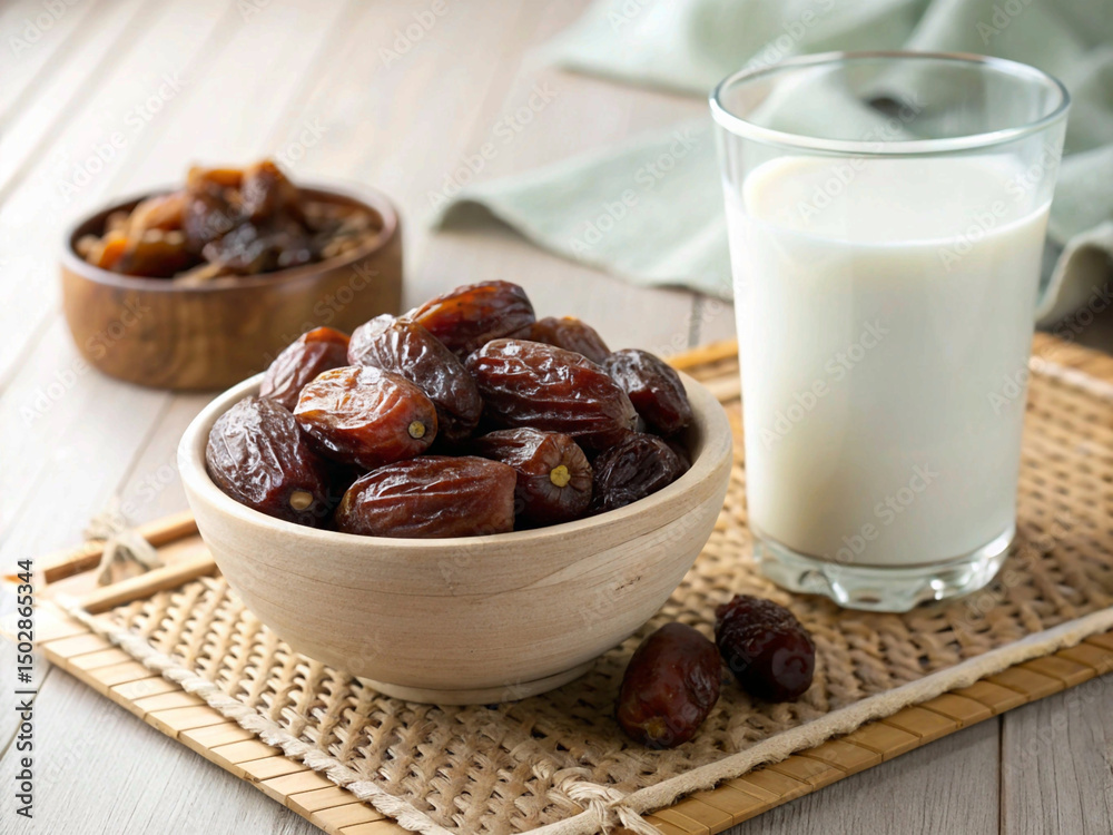 Delicious dates and milk, a classic combination presented neatly on a woven mat, suggesting a wholesome and energizing meal Delicious dates and milk, a classic combination presented neatly on a woven mat, suggesting a wholesome and energizing meal