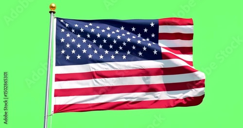 Realistic American flag gently waving in the wind, isolated on a bright green screen background