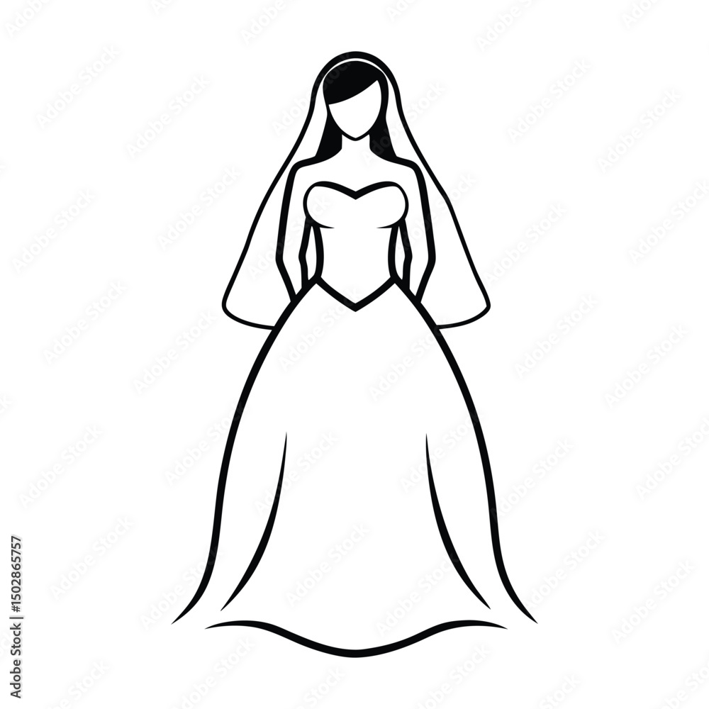Simple line drawing of a bride in wedding dress Simple line drawing of a bride in wedding dress