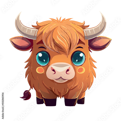 funny cartoon fluffy highland cow,