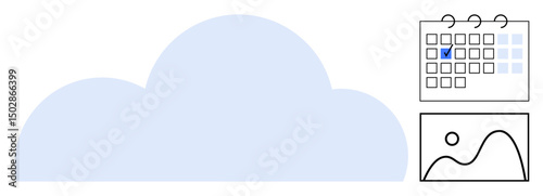 Blue cloud, calendar with marked date, and landscape photo. Ideal for technology, planning, data management, organization, reminders photo sharing cloud computing. Simple flat metaphor