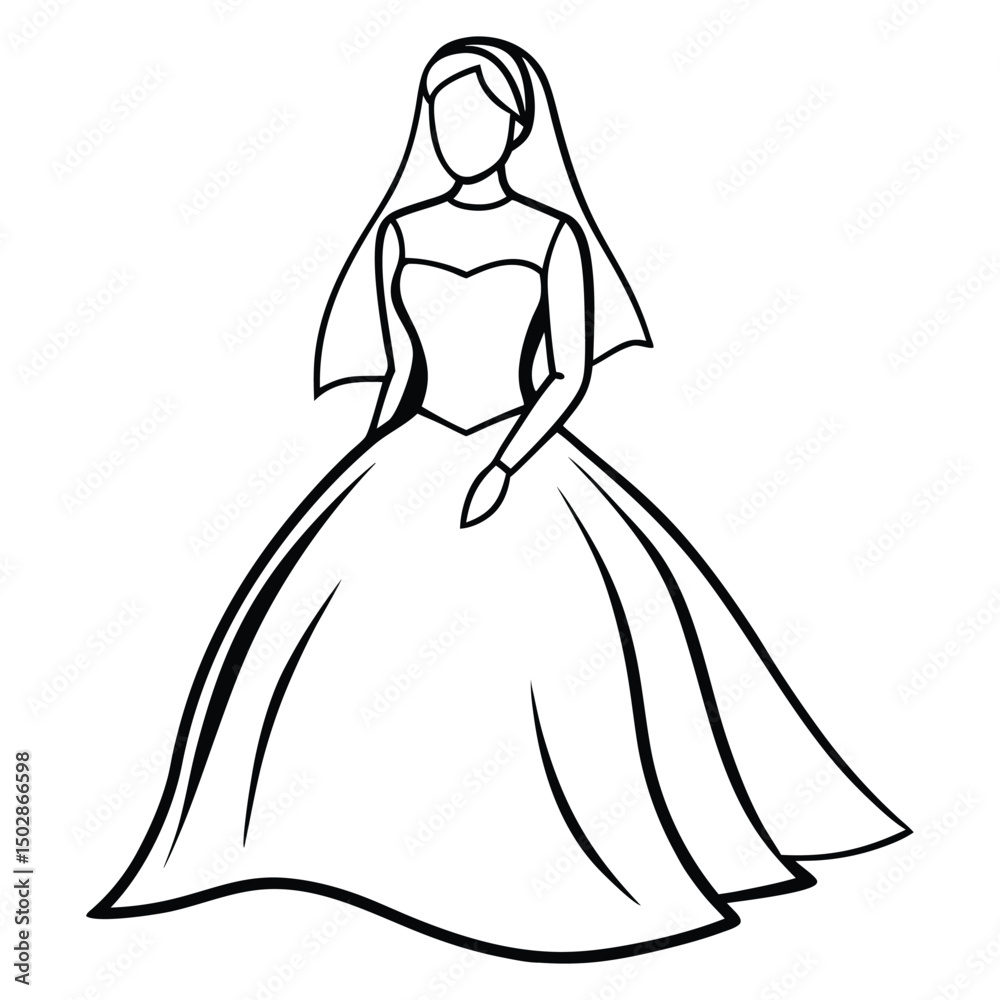 Elegant line drawing of a bride in wedding gown Elegant line drawing of a bride in wedding gown