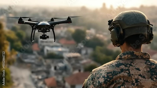 Military personnel observing a drone in a city.