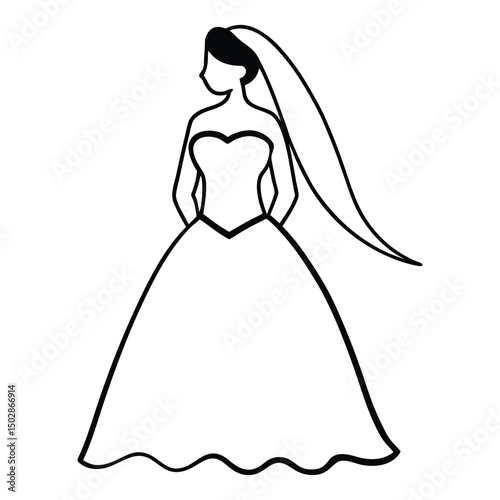 Simple line drawing of a bride in wedding dress