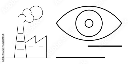 Smoke-emitting factory tower next to oversized eye symbolizing oversight, sustainability, and pollution. Ideal for industry, environment, monitoring, awareness, sustainability, accountability
