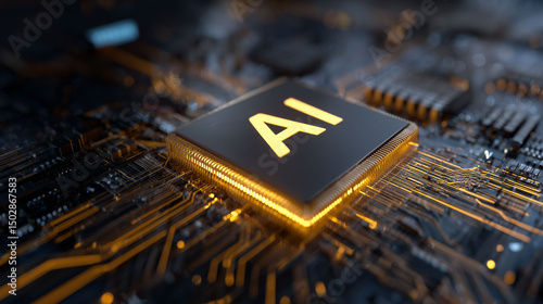 Close up of CPU chip with glowing gold AI label on futuristic circuit board
