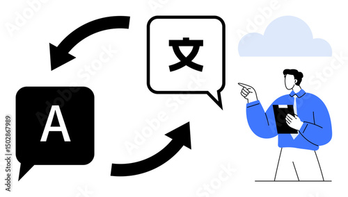 Speech bubbles with A and translation symbol connected by arrows, accompanied by a man holding a clipboard. Ideal for linguistics, communication, globalization, education, business, technology