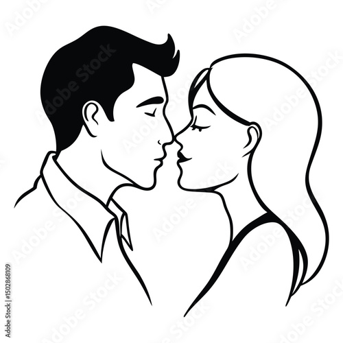 Vector illustration of a loving couple's silhouette with heart and profile faces