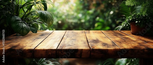 Wooden table, lush garden. Product display
