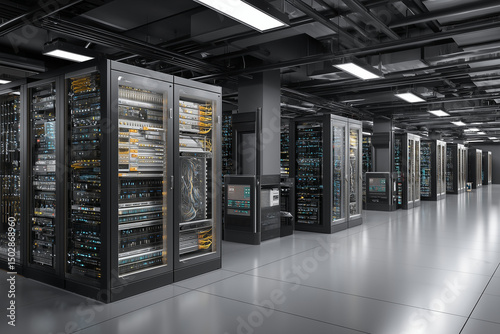 Un centre de données avec des baies de brassage