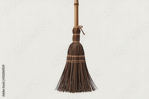 Traditional handmade broom with a bamboo handle against a plain background