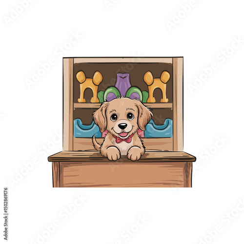 Adorable Golden Retriever Puppy Behind a Wooden Counter in a Hand-Drawn Illustration