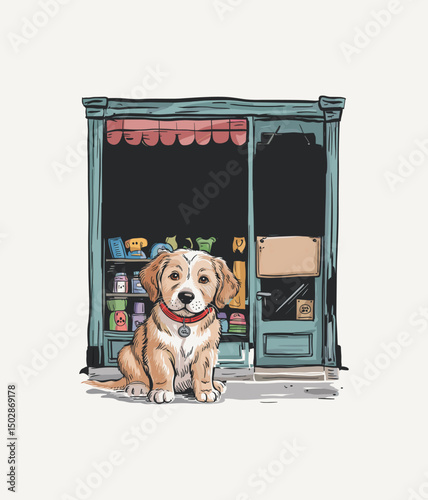 Adorable Puppy Sitting Outside a Charming Little Shop Hand-Drawn Illustration