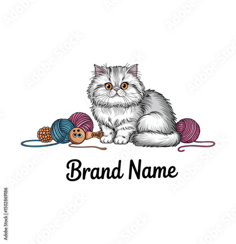 Adorable Hand-Drawn Kitten Illustration with Yarn Balls, logo design