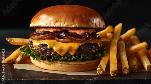 Gourmet Cheeseburger brioche bun aged cheddar caramelized onions special sauce hand cut fries craft brewery setting wide angle food photography