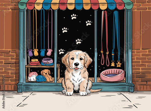Adorable Puppy Sitting Outside a Pet Shop A Charming Hand-Drawn Illustration
