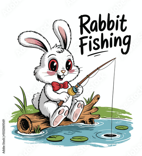 Adorable Cartoon Rabbit Enjoying a Day of Fishing