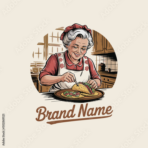 hand drawn grandma making tacos logo design 