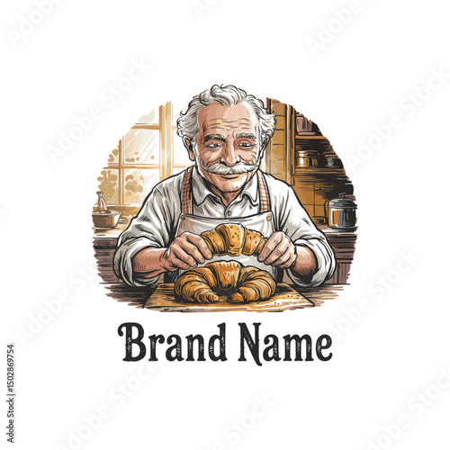hand drawn grandpa making croissant logo design 