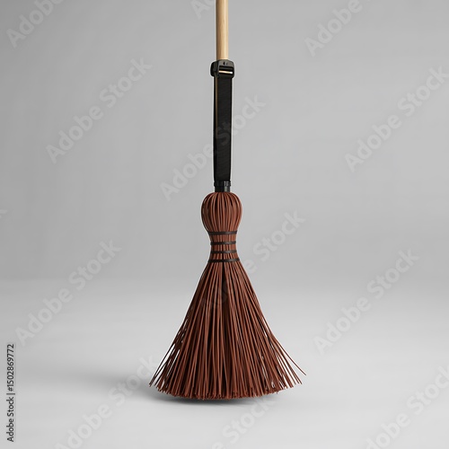 A brown whisk broom on a white background with a wood handle