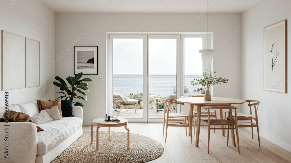 Fototapeta premium Coastal living room with natural tones and an ocean view.