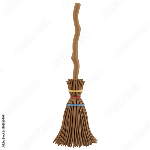 A 3D rendering of a traditional witch's broom on a white background