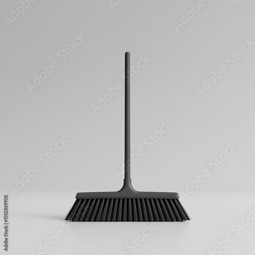 Sleek and modern dark grey broom standing upright against a neutral backdrop